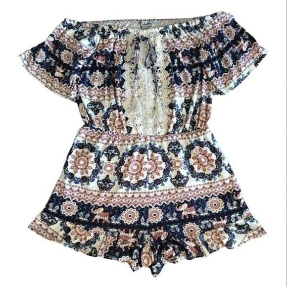 2 Short Sleeve Romper Shorts Sets Crochet Elephant Off Shoulder Size Med - Picture 4 of 12